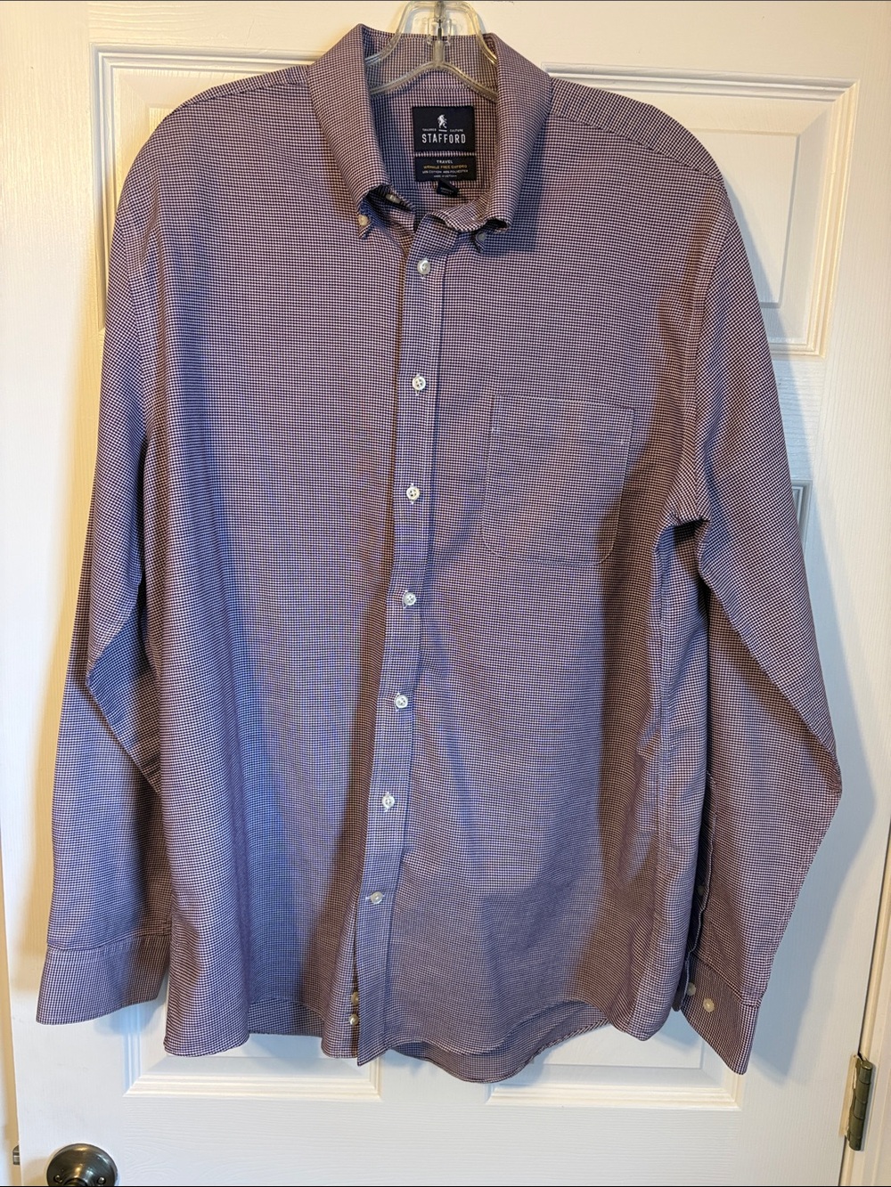 Stafford Men's Maroon Micro-Check Button-Up Dress Shirt, neck 17, 36-37, Fitted